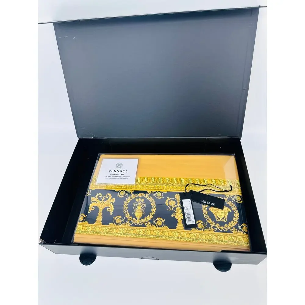 NIB Versace Home Bed Sheet Set 4 Pieces Gold Yellow Barocco Print King Size